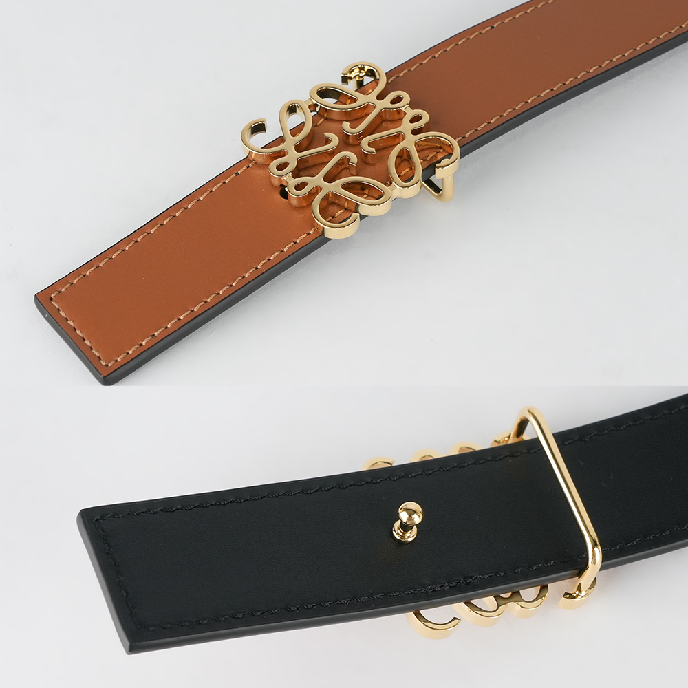 【LOEWE】Anagram 金釦平滑牛皮雙面可用皮帶85cm (焦糖色/黑色) E821Z26X03 2544