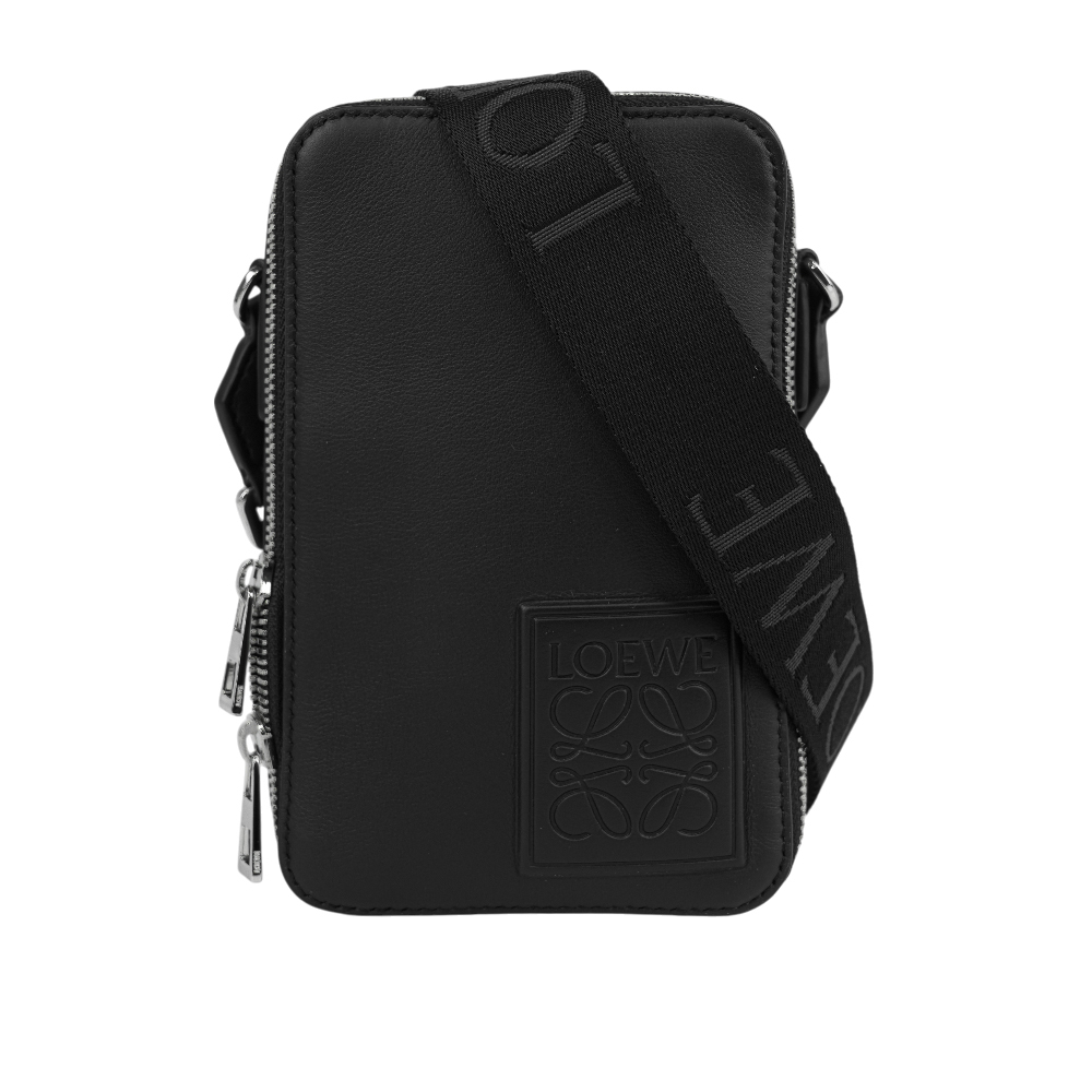 【LOEWE】Logo 壓印緞面小牛皮直式斜背包(黑色)C565S59X03 1100