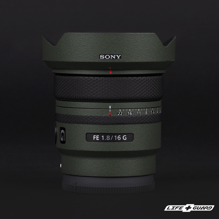 LIFE+GUARD 鏡頭貼膜安裝示意，適用 Sony FE 16mm F1.8 G