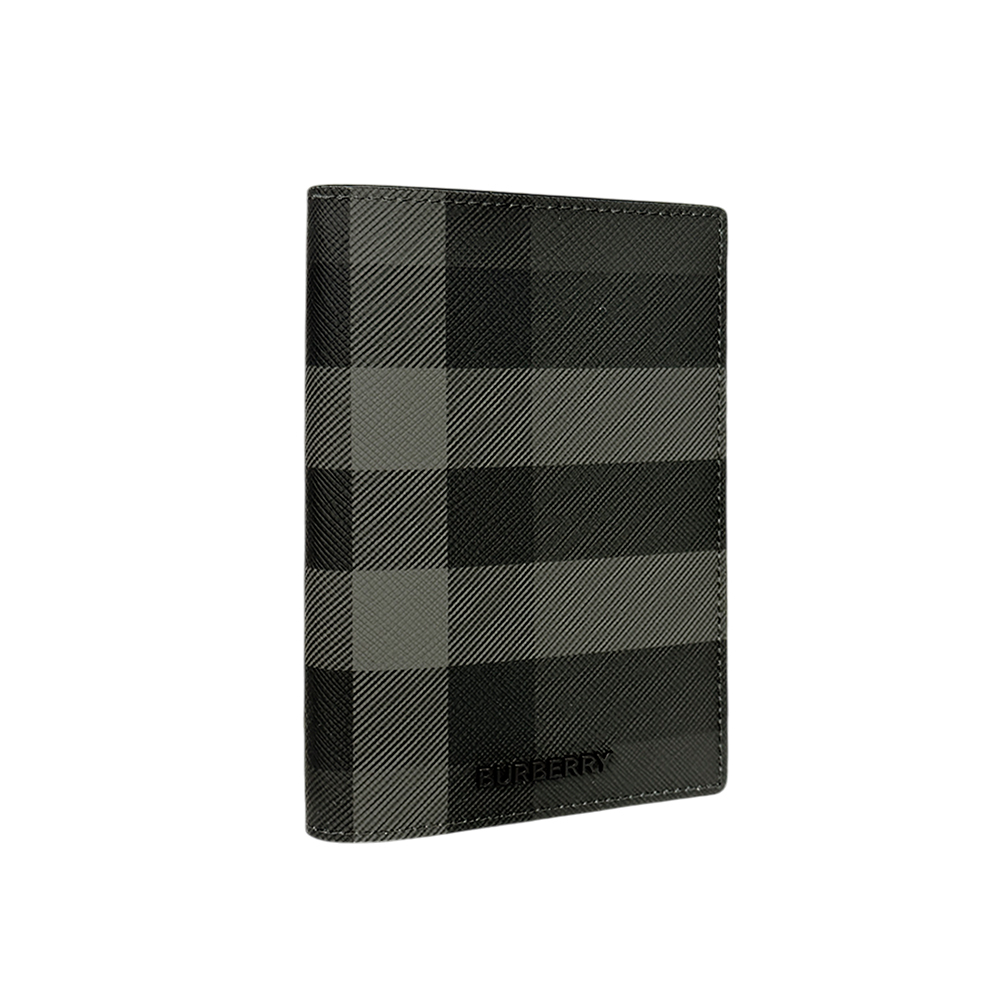 【BURBERRY】格紋塗層帆布及牛皮護照夾(炭灰色)8073278