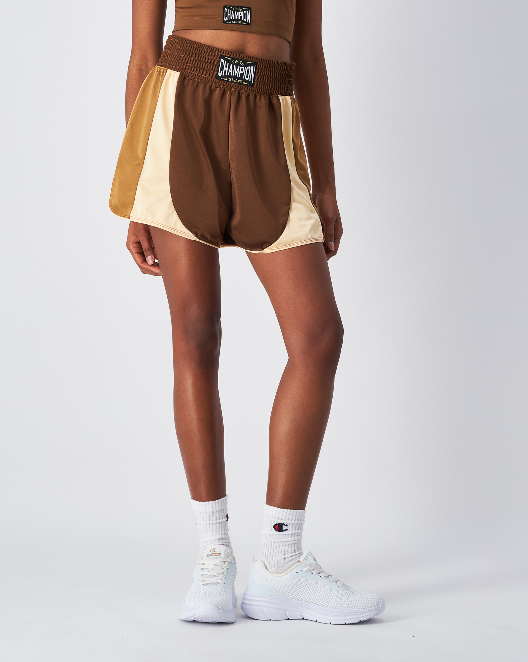 女款-輕量 拼接 側開衩 運動 短褲-咖啡色（117883-MS564）