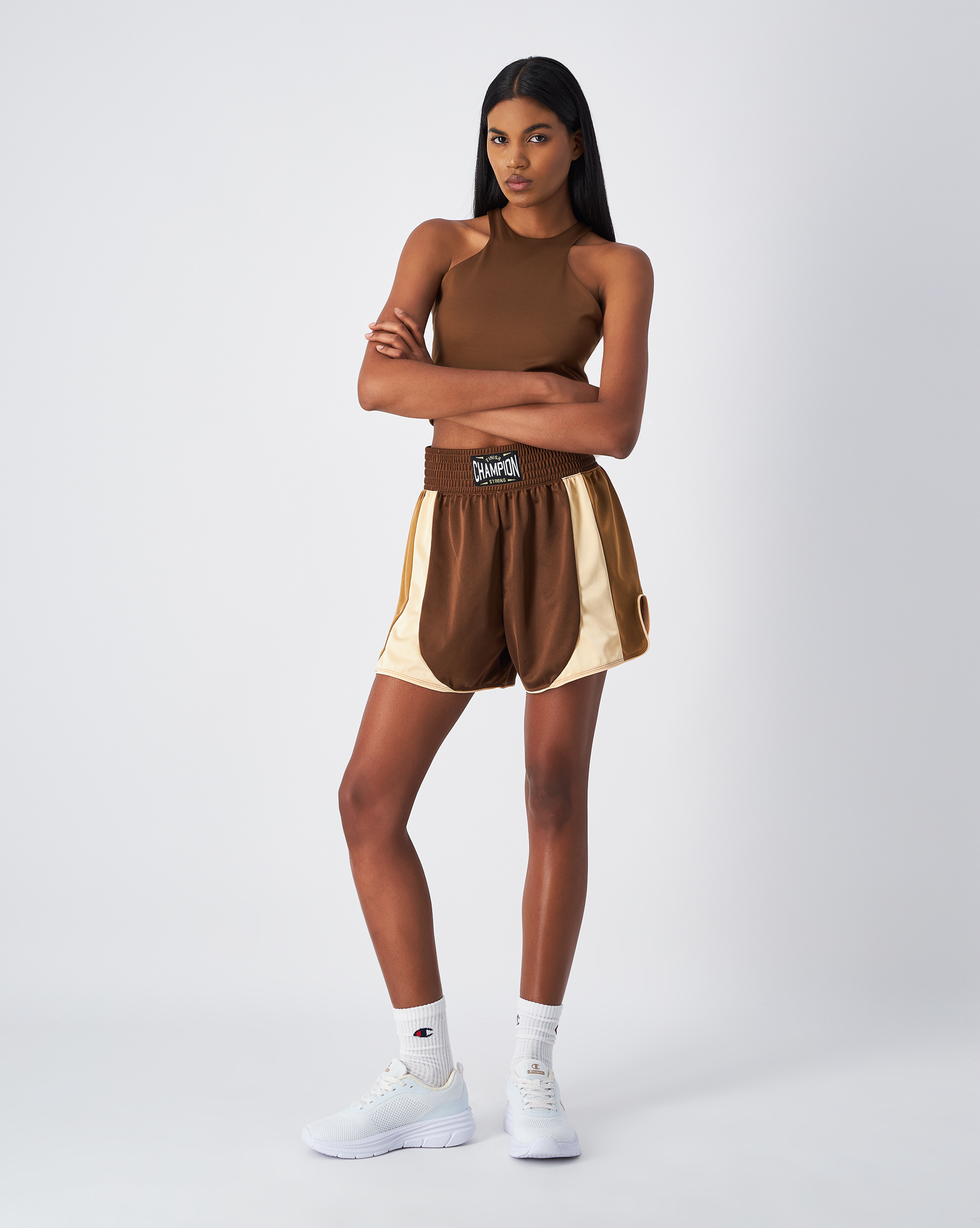 女款-輕量 拼接 側開衩 運動 短褲-咖啡色（117883-MS564）