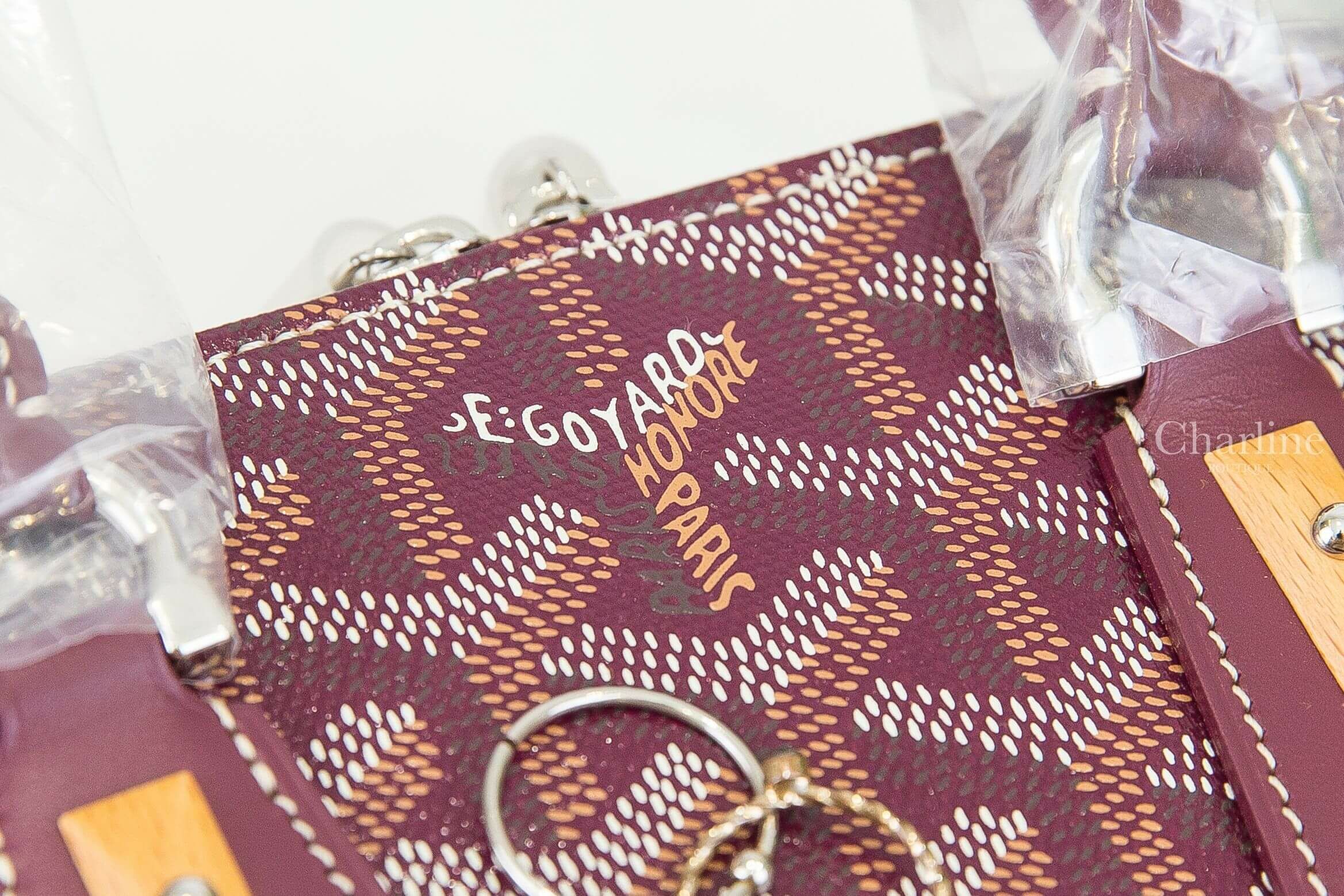 Goyard Vendôme Mini Bag 勃根地酒紅色帆布小牛皮同色提把木紋裝飾黃色內裡迷你拉鍊手提包