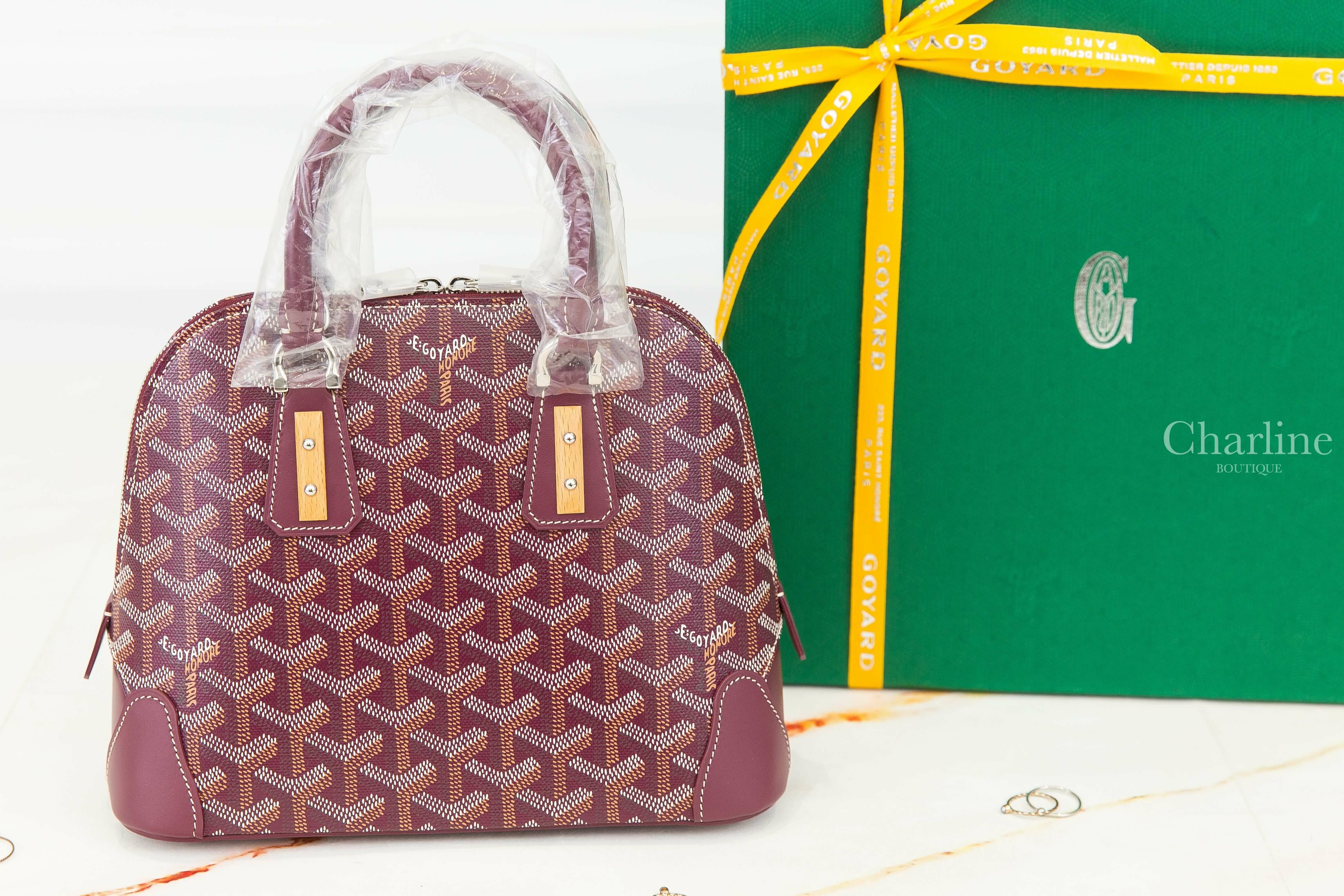 Goyard Vendôme Mini Bag 勃根地酒紅色帆布小牛皮同色提把木紋裝飾黃色內裡迷你拉鍊手提包