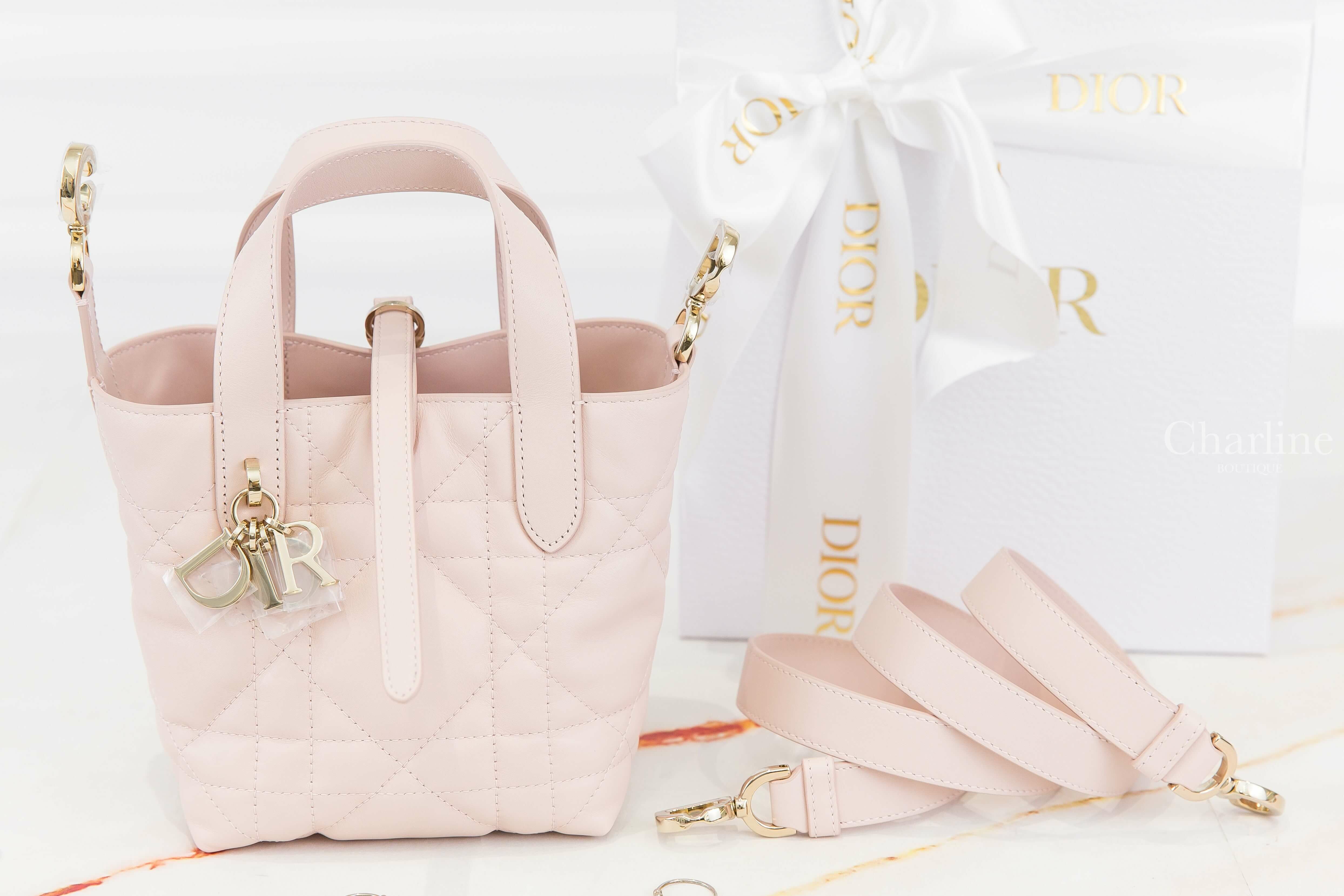Dior Dior Toujours Vertical Nano Tote Bag 淡粉色金釦小牛皮藤格紋直式超迷你型手提肩背托特包