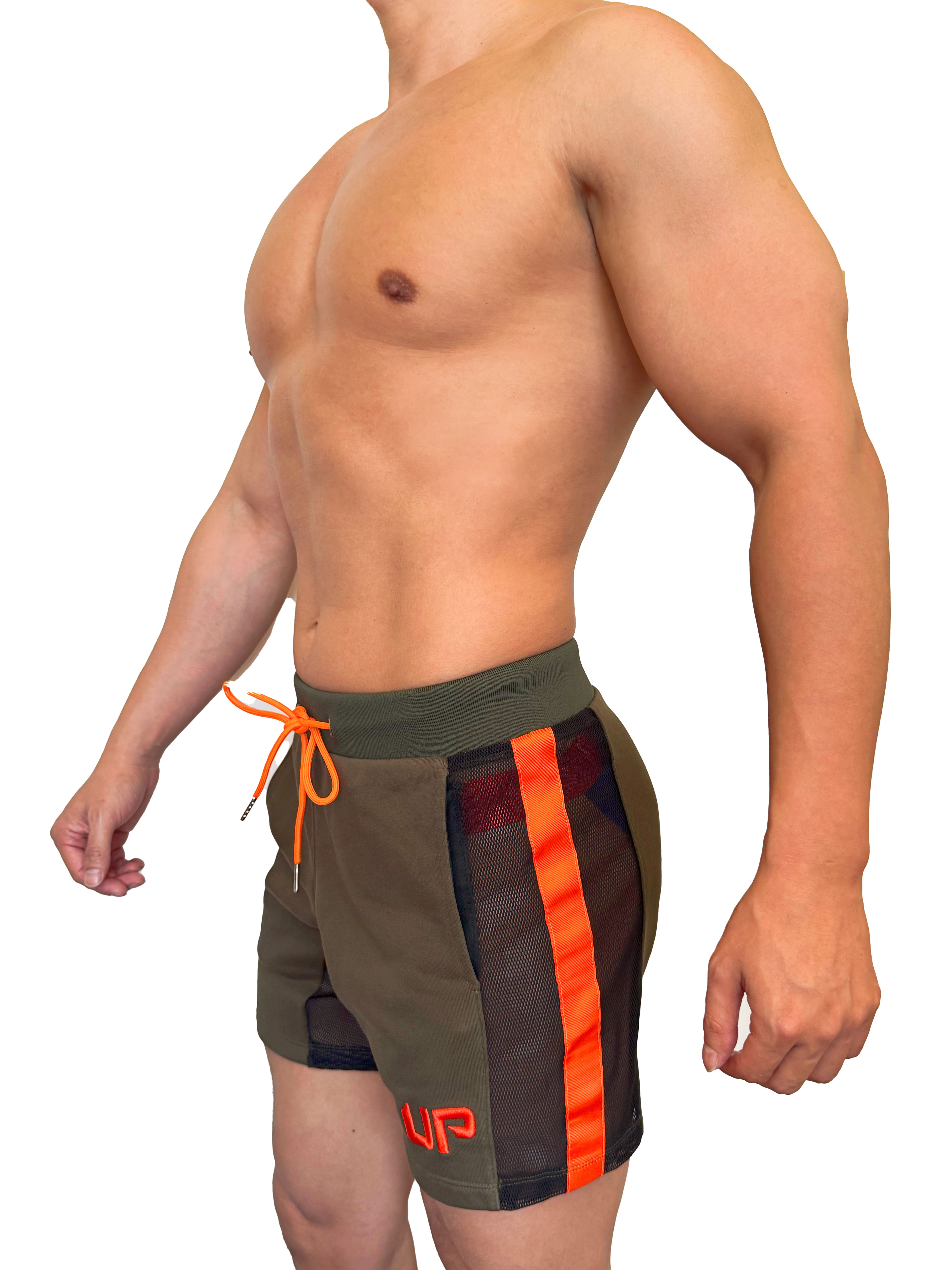 2025 全新系列 - UP For Fun Cross 透視棉短褲 軍綠/螢光橙