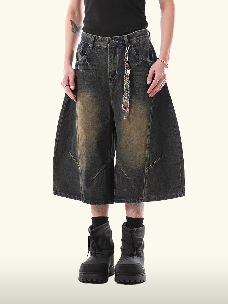 刷色彎刀七分褲