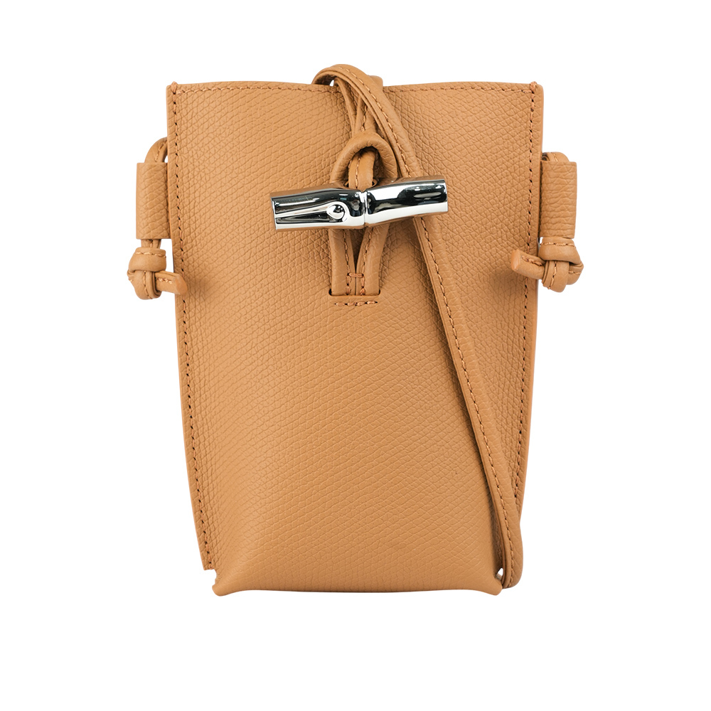 【LONGCHAMP】 竹節釦滾邊設計牛皮手機包