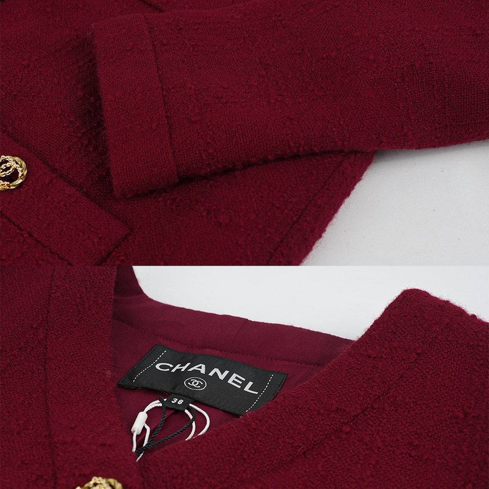 【CHANEL】23B 粗羊毛呢無領夾克外套(酒紅色) 38P75496 V67164 NQ360