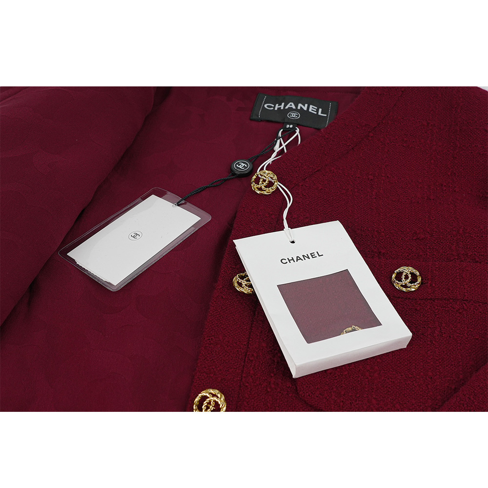 【CHANEL】23B 粗羊毛呢無領夾克外套(酒紅色) 38P75496 V67164 NQ360