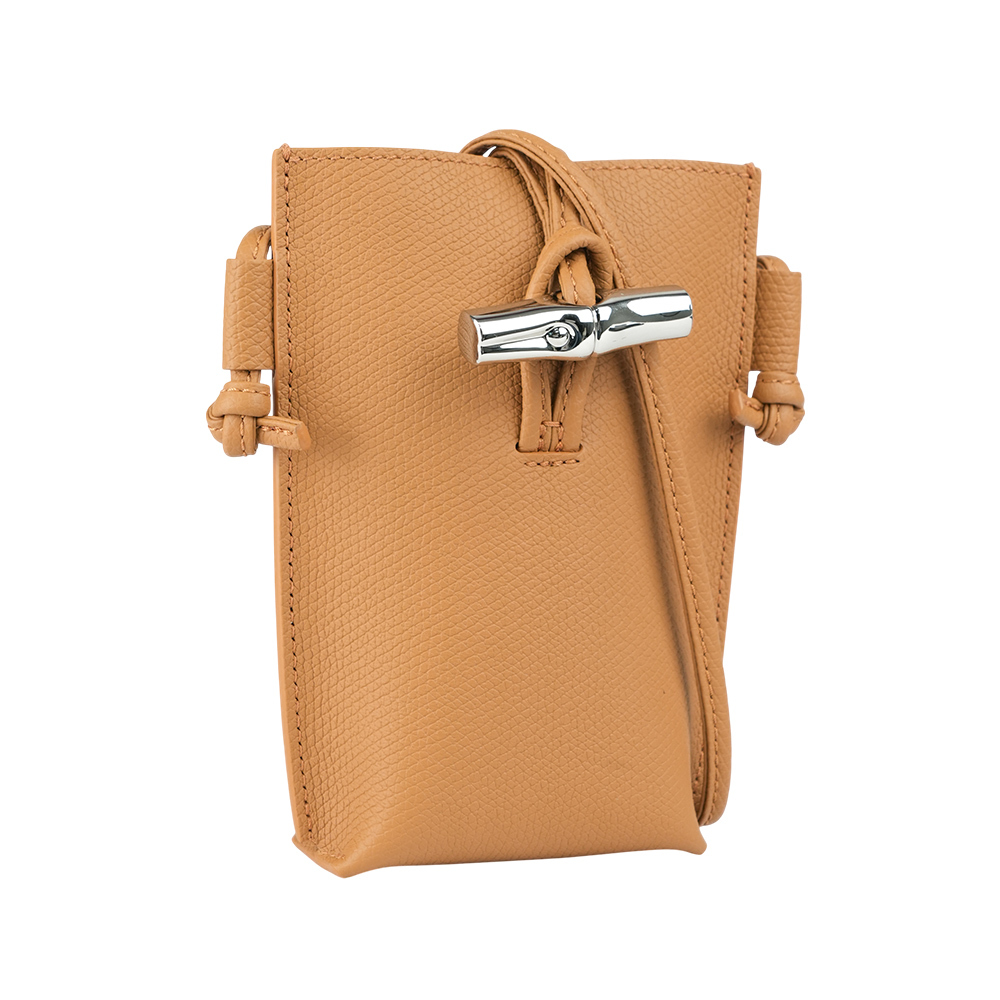 【LONGCHAMP】Roseau 竹節釦滾邊設計牛皮手機包(胡桃木色) 34180 HFP 371