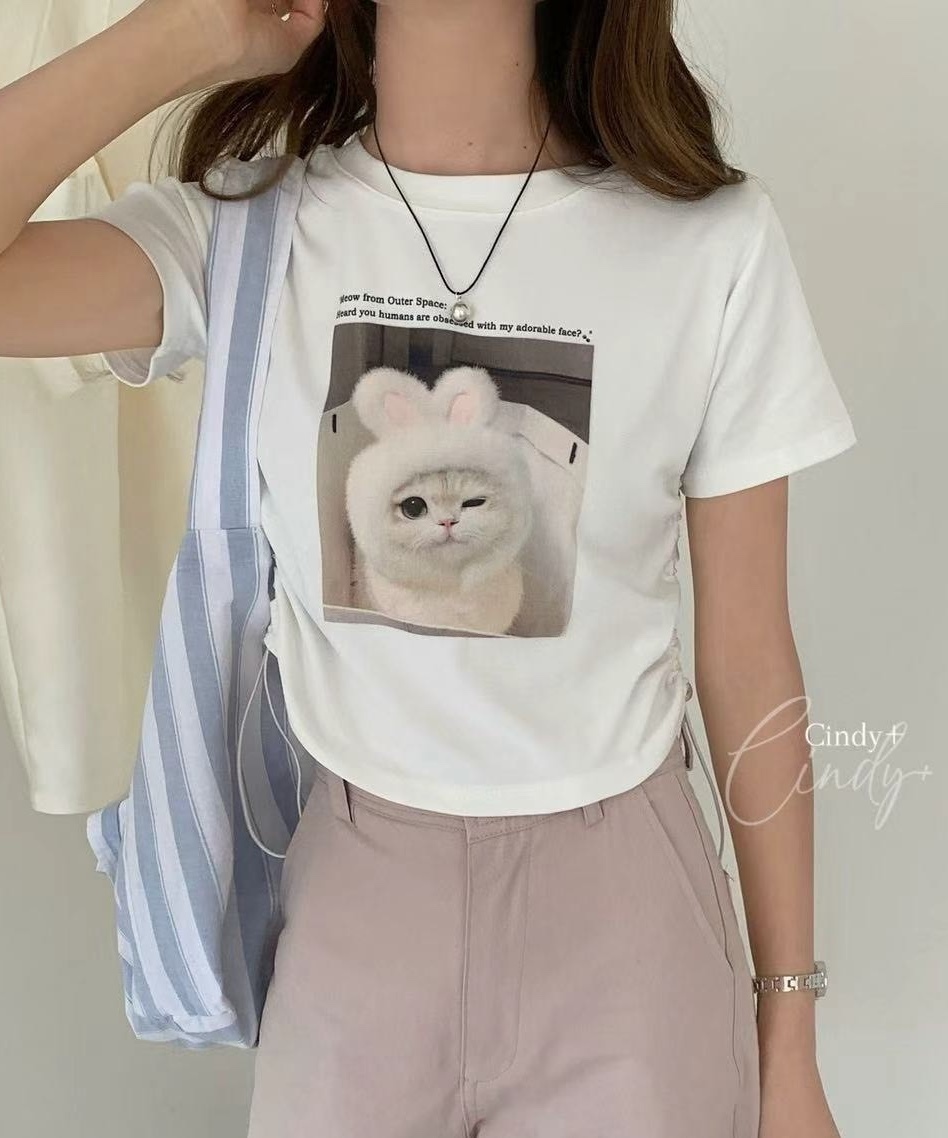 側抽繩眨眼兔耳貓短版衣