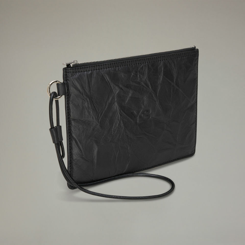【 Y-3 POUCH 皺褶皮革手拿包 - 黑 】