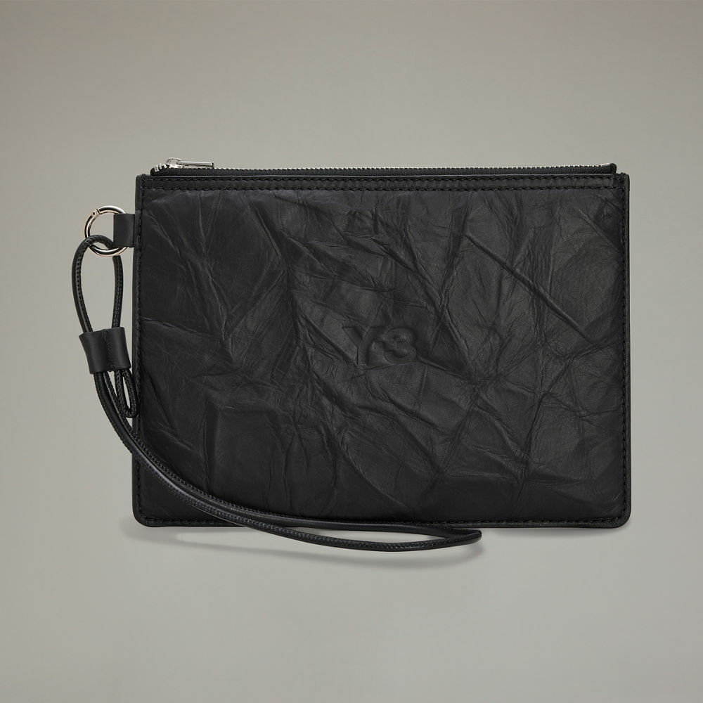 【 Y-3 POUCH 皺褶皮革手拿包 - 黑 】