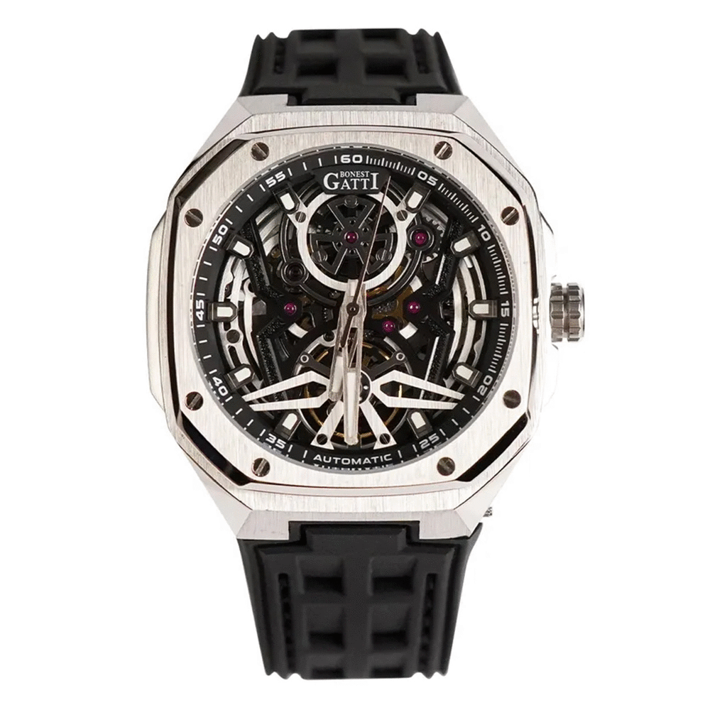 【Bonest Gatti 布加迪】BG5802 個性 龐克 時尚 雙面鏤空 夜光指針刻度 矽膠錶帶 機械錶-