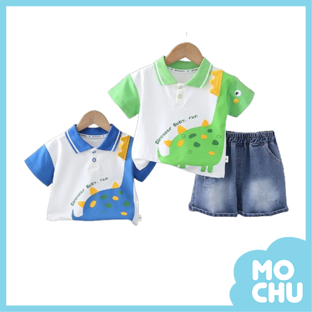 立體恐龍角翻領短袖套裝(二色)