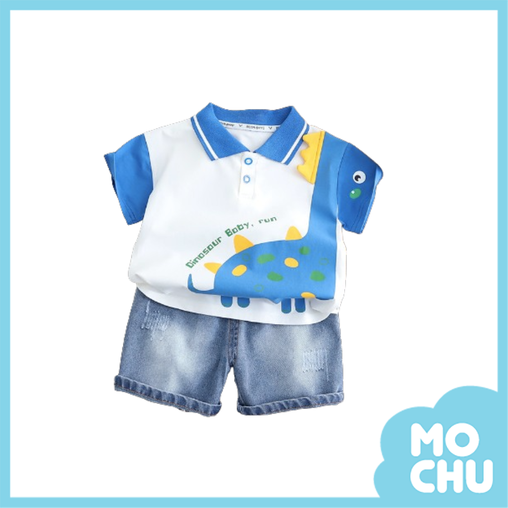 立體恐龍角翻領短袖套裝(二色)