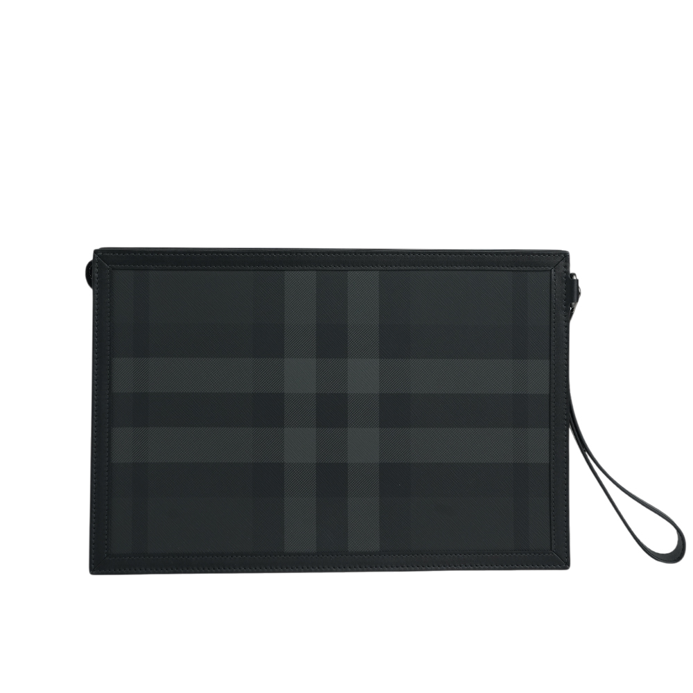 【BURBERRY】格紋塗層帆布附可拆提把手拿包(炭灰色)8070205