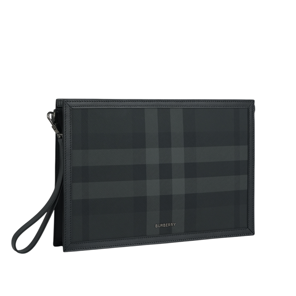 【BURBERRY】格紋塗層帆布附可拆提把手拿包(炭灰色)8070205