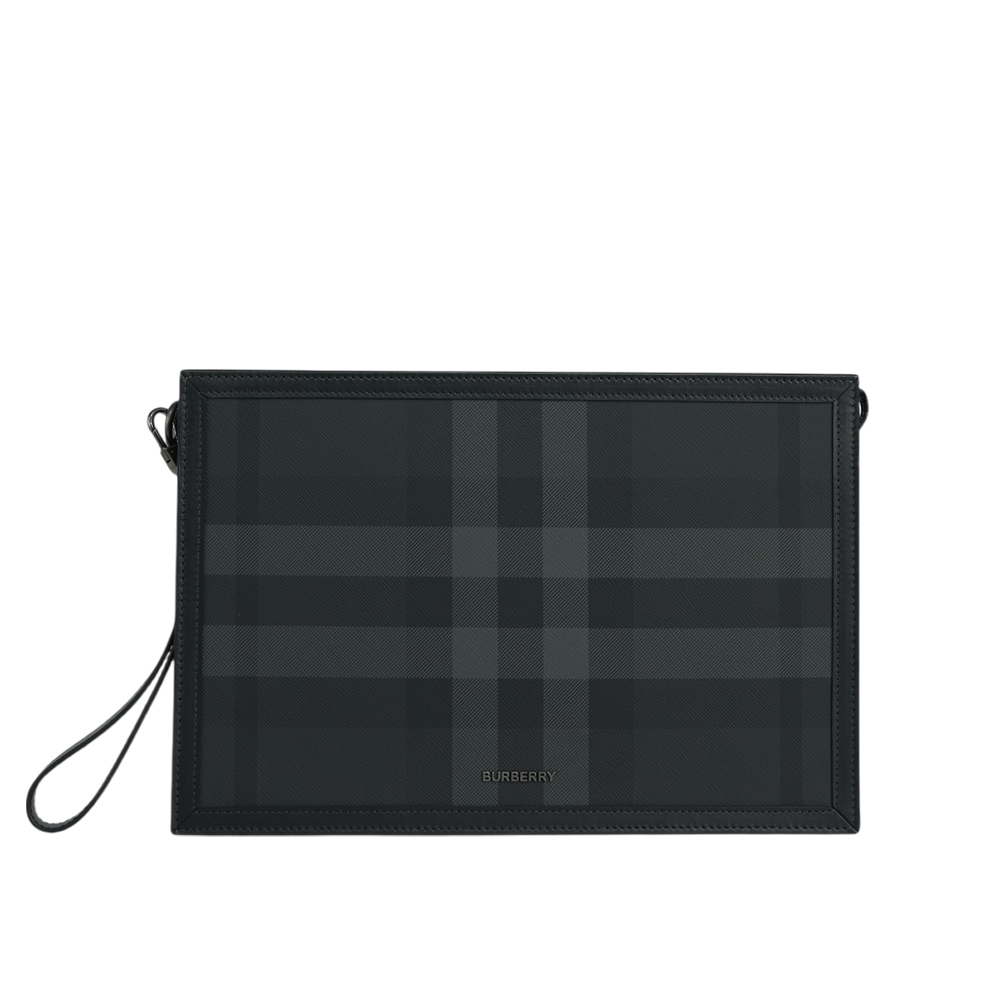 【BURBERRY】格紋塗層帆布附可拆提把手拿包(炭灰色)8070205