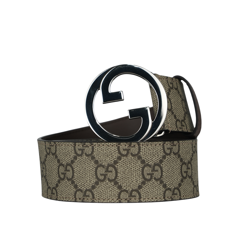 【GUCCI】Blondie GG 銀色標誌塗層帆布及皮革寬4cm皮帶 85cm 90cm 703147 KAAAD 8358