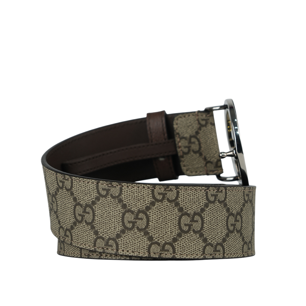 【GUCCI】Blondie GG 銀色標誌塗層帆布及皮革寬4cm皮帶 85cm 90cm 703147 KAAAD 8358