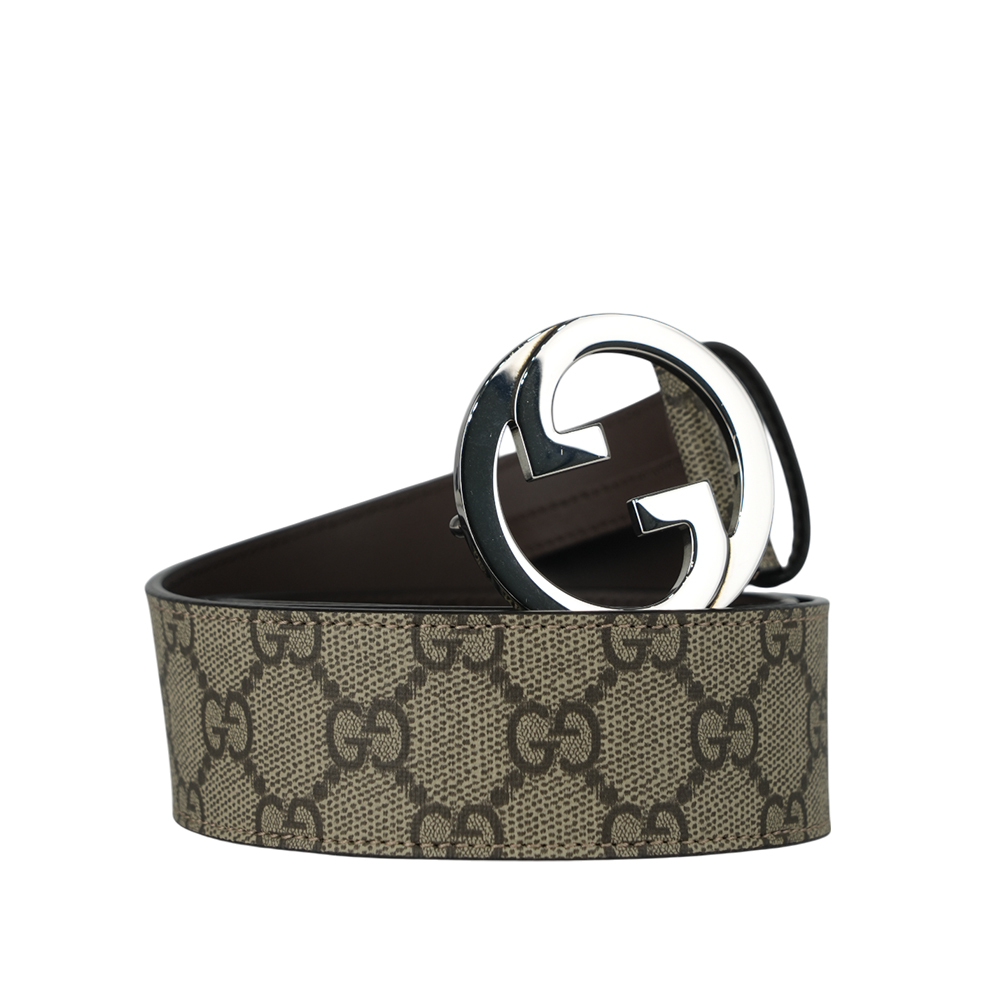 【GUCCI】Blondie GG 銀色標誌塗層帆布及皮革寬4cm皮帶 85cm 90cm 703147 KAAAD 8358