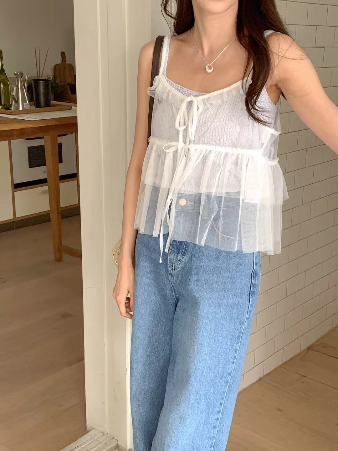 Ruffled lace chiffon vest /Set