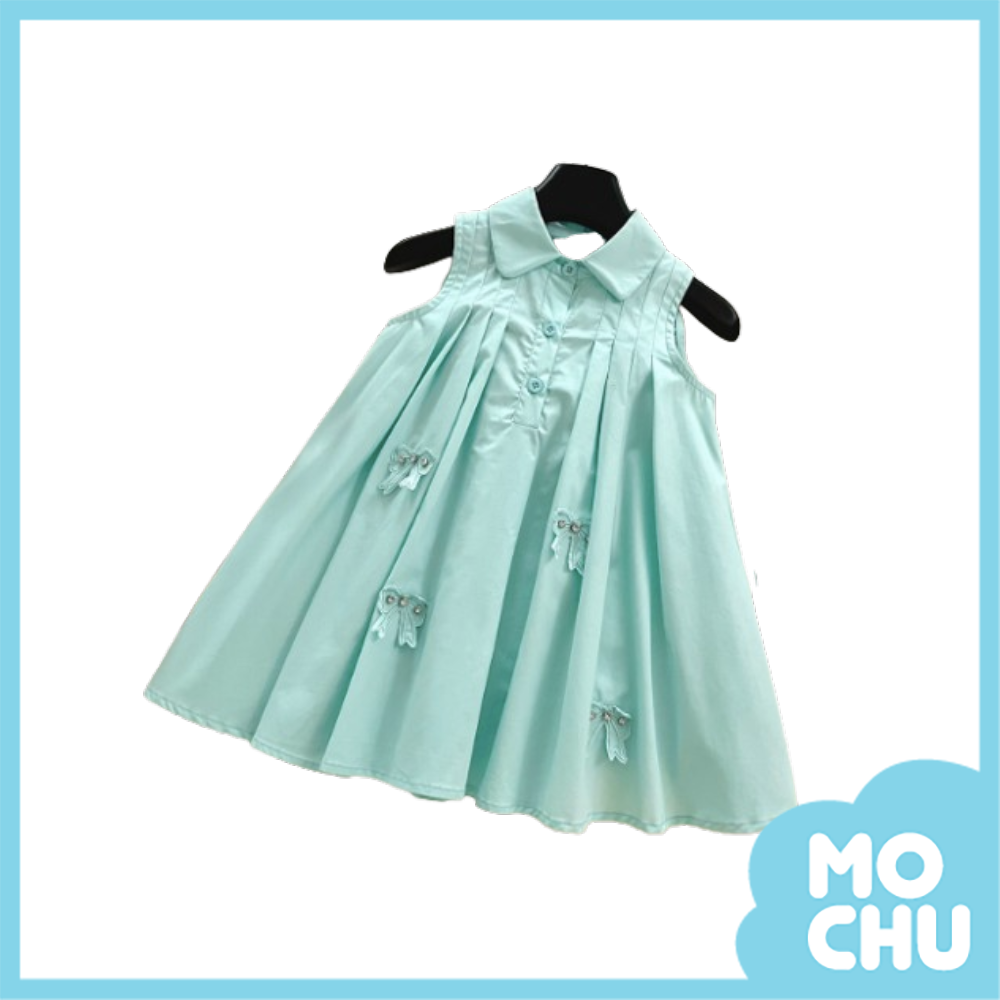 蝴蝶結襯衫領無袖連身裙-送帽子(二色）