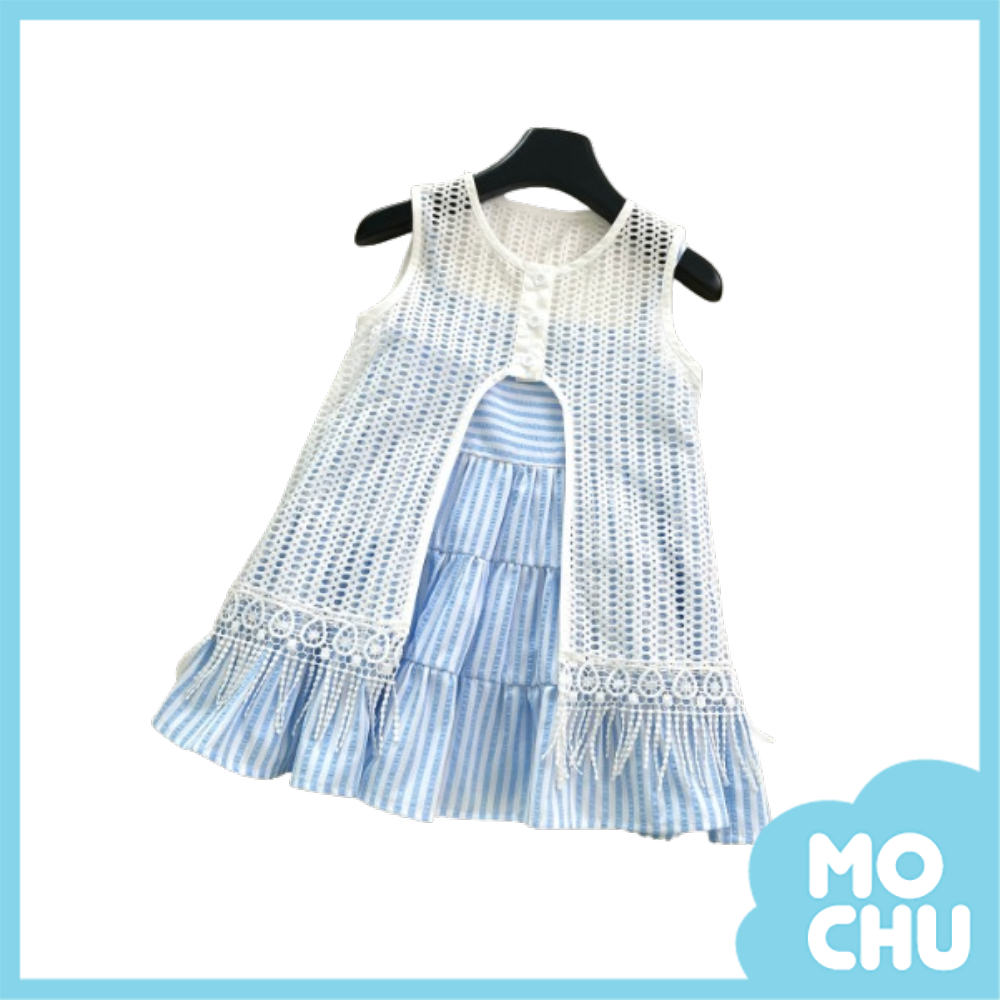夏日度假藍條洋裝+罩衫-送帽子