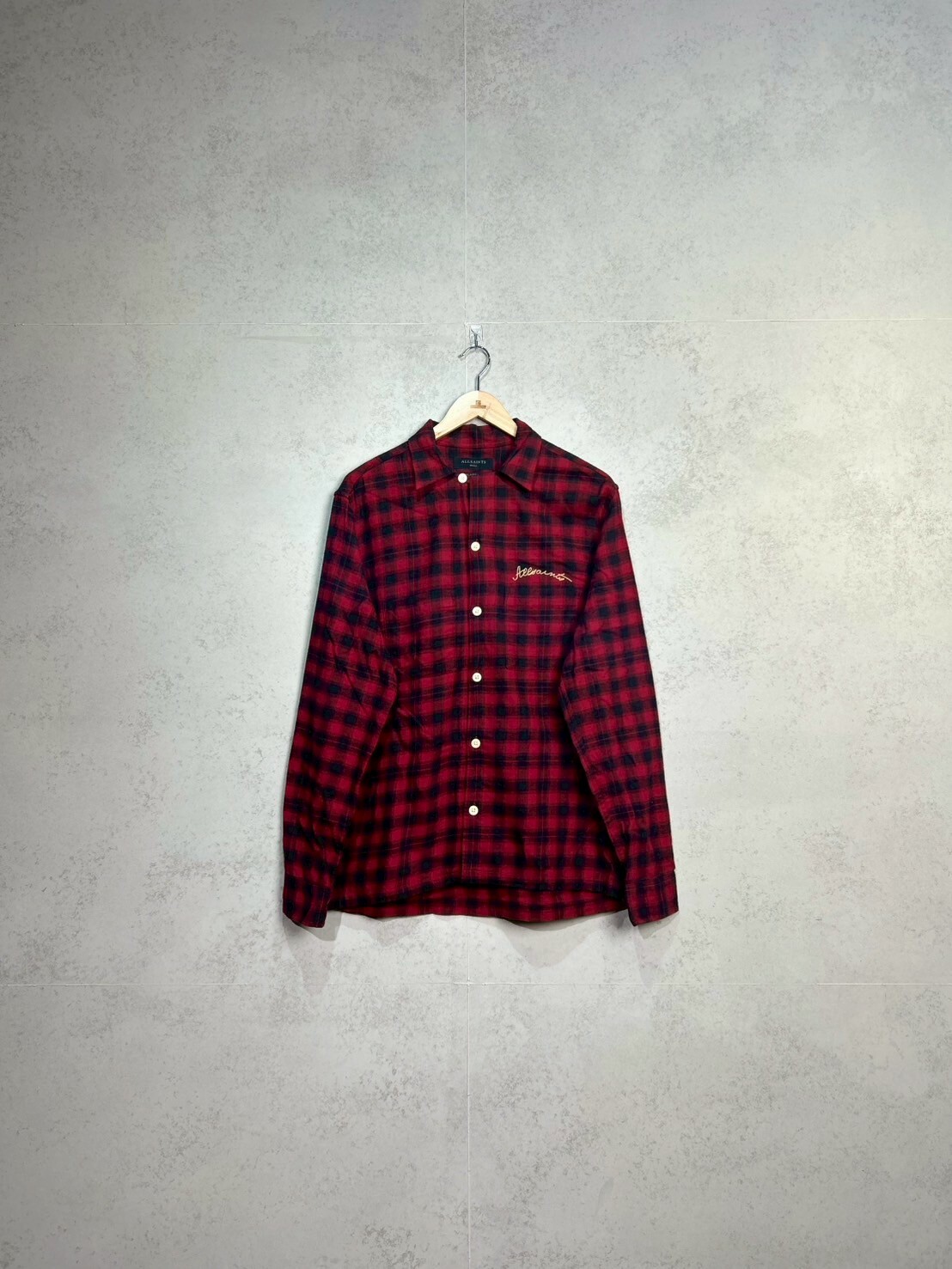 Allsaints “Burnside” Cotton Flannel Shirt  Embroidered Red Check SIZE S