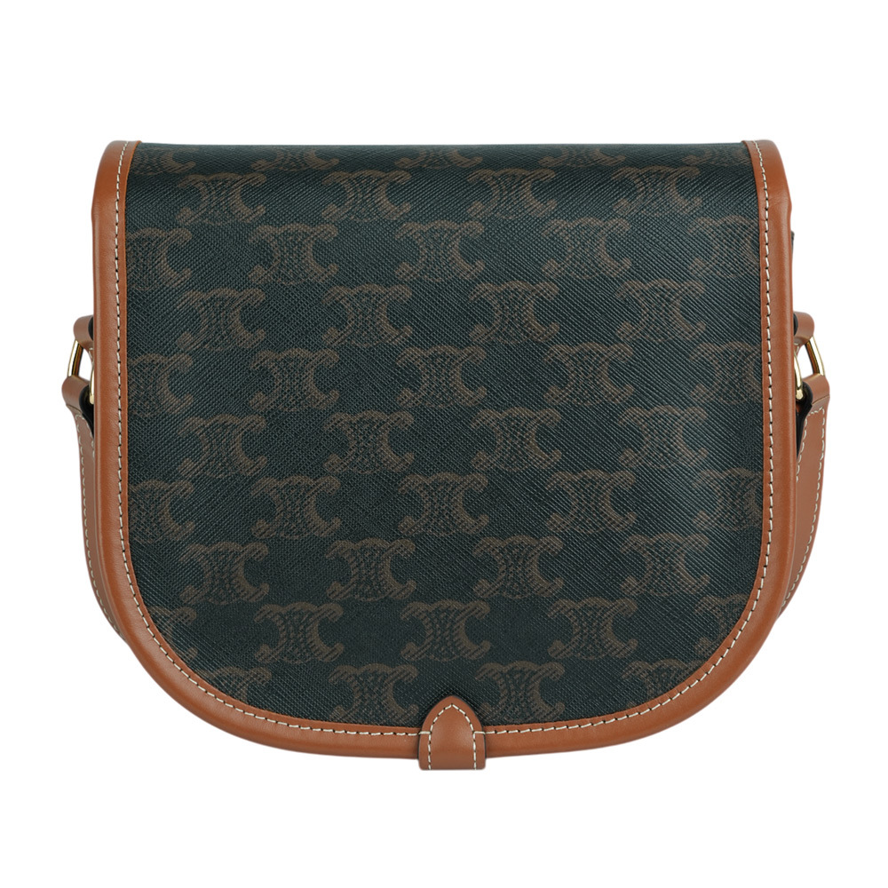 【CELINE】Folco Triomphe帆布小牛皮飾邊釦式馬鞍包(焦糖色)191502BZJ.04LU