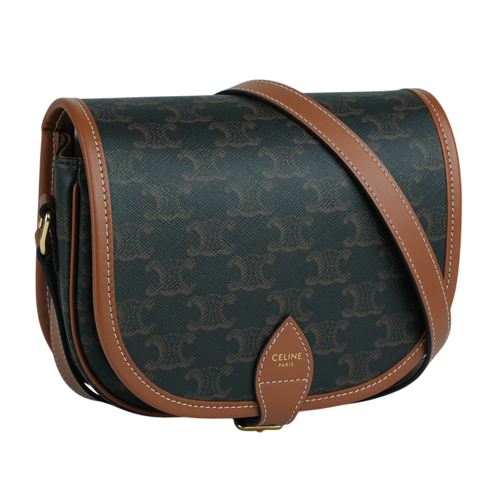 【CELINE】Folco Triomphe帆布小牛皮飾邊釦式馬鞍包(焦糖色)191502BZJ.04LU