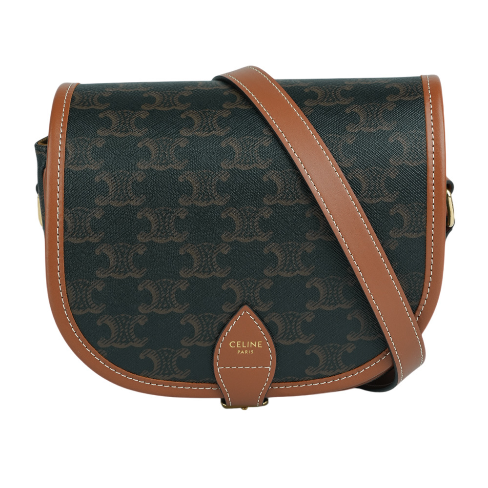 【CELINE】Folco Triomphe帆布小牛皮飾邊釦式馬鞍包(焦糖色)191502BZJ.04LU