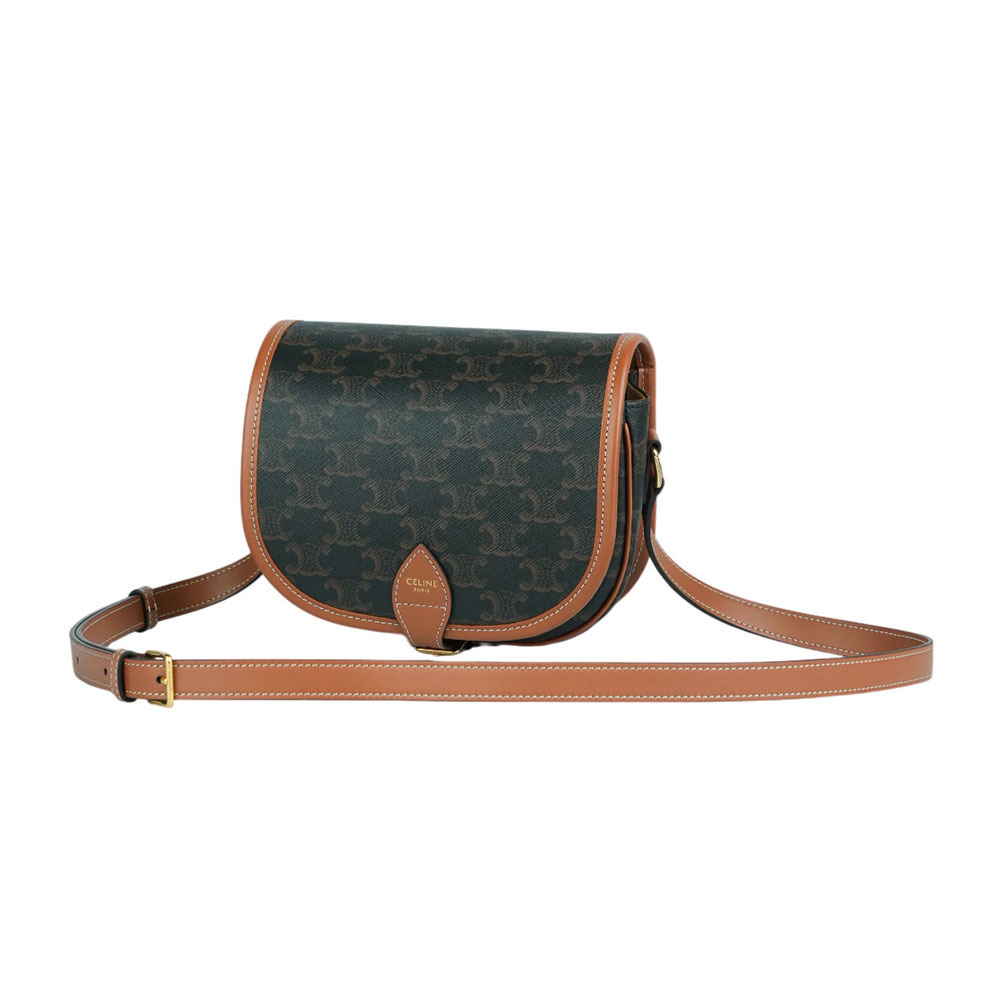 【CELINE】Folco Triomphe帆布小牛皮飾邊釦式馬鞍包(焦糖色)191502BZJ.04LU