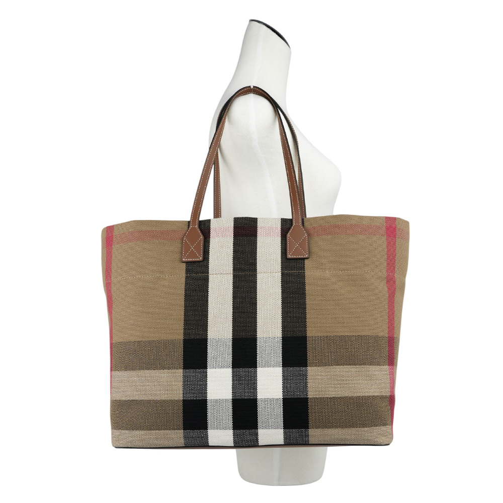 【BURBERRY】London 格紋棉質帆布及牛皮中型托特包(灰褐色/棕色) 80840471