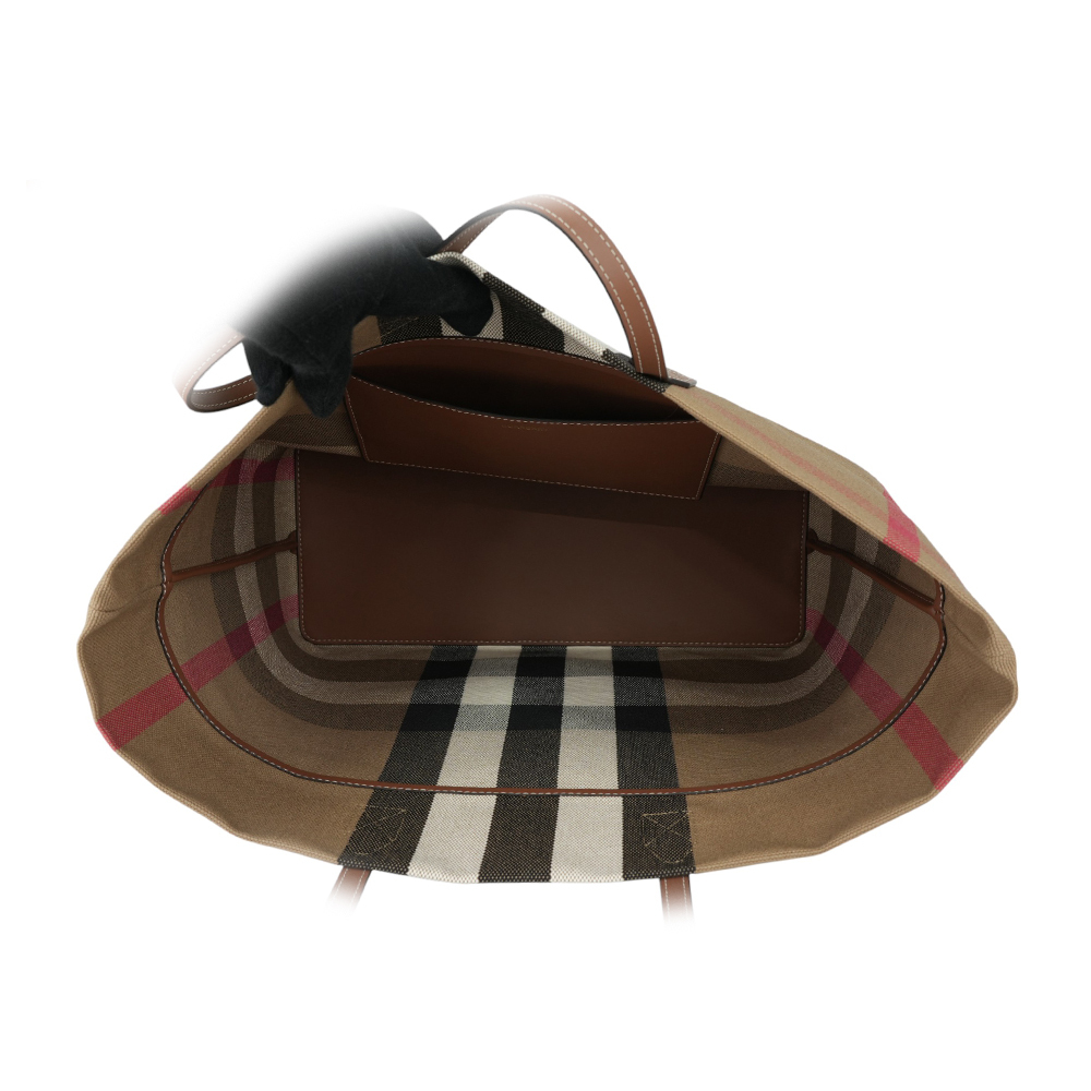【BURBERRY】London 格紋棉質帆布及牛皮中型托特包(灰褐色/棕色) 80840471