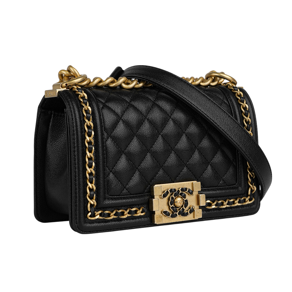 【CHANEL】金釦荔枝牛皮皮穿鍊設計 Boy Chanel 20cm(黑色)(展示品)