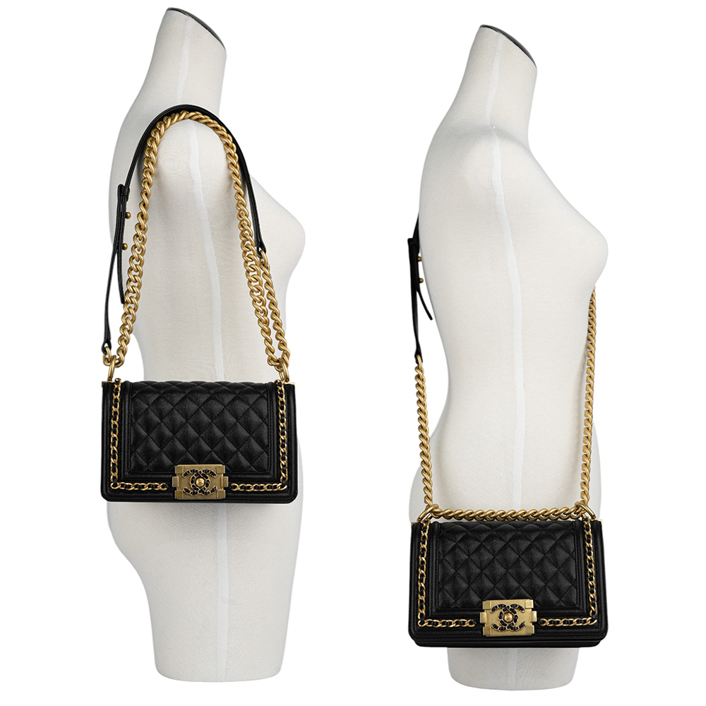 【CHANEL】金釦荔枝牛皮皮穿鍊設計 Boy Chanel 20cm(黑色)A67085 B10194 94305