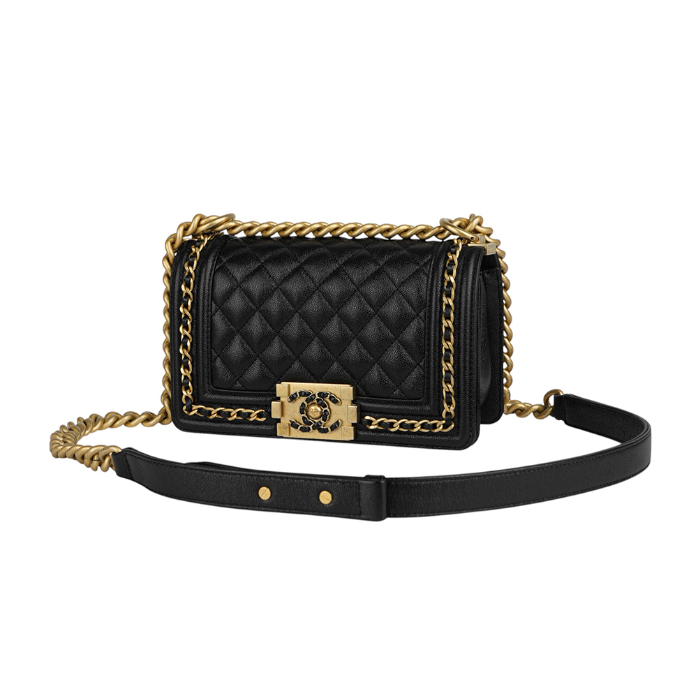 【CHANEL】金釦荔枝牛皮皮穿鍊設計 Boy Chanel 20cm(黑色)A67085 B10194 94305