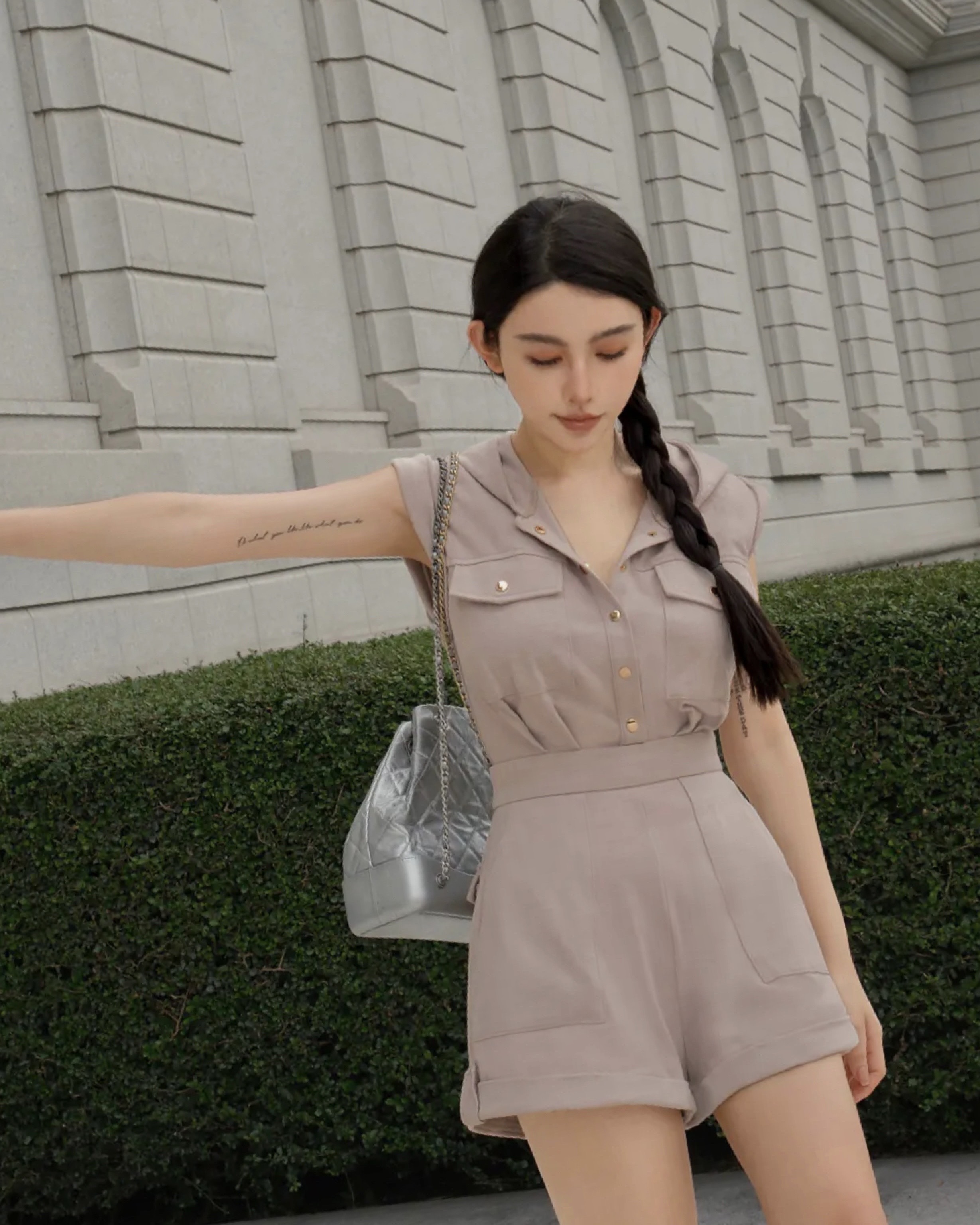 ⭒訂製-休閒連帽金釦連身短褲