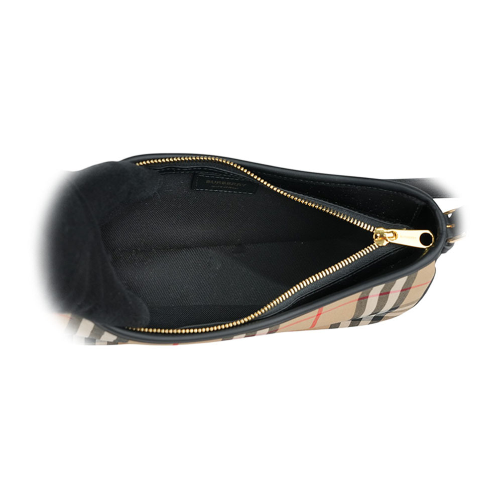 【BURBERRY】Sling 格紋帆布及小牛皮肩背包(米色/黑色) 8078837