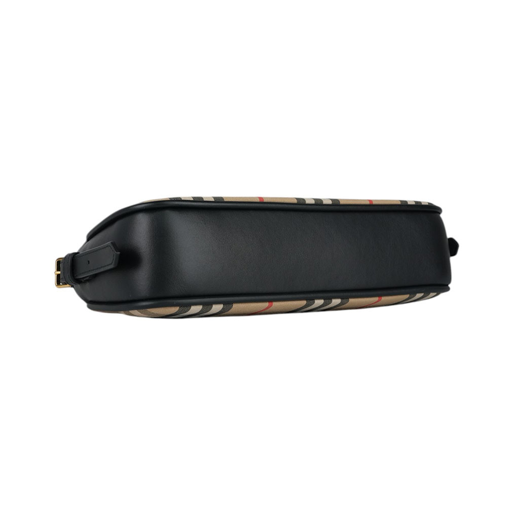 【BURBERRY】Sling 格紋帆布及小牛皮肩背包(米色/黑色) 8078837