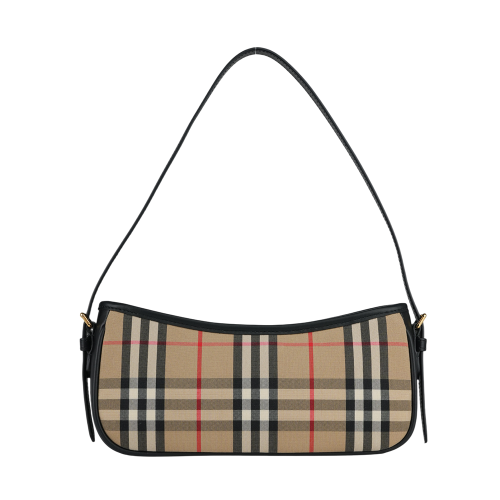 【BURBERRY】Sling 格紋帆布及小牛皮肩背包(米色/黑色) 8078837