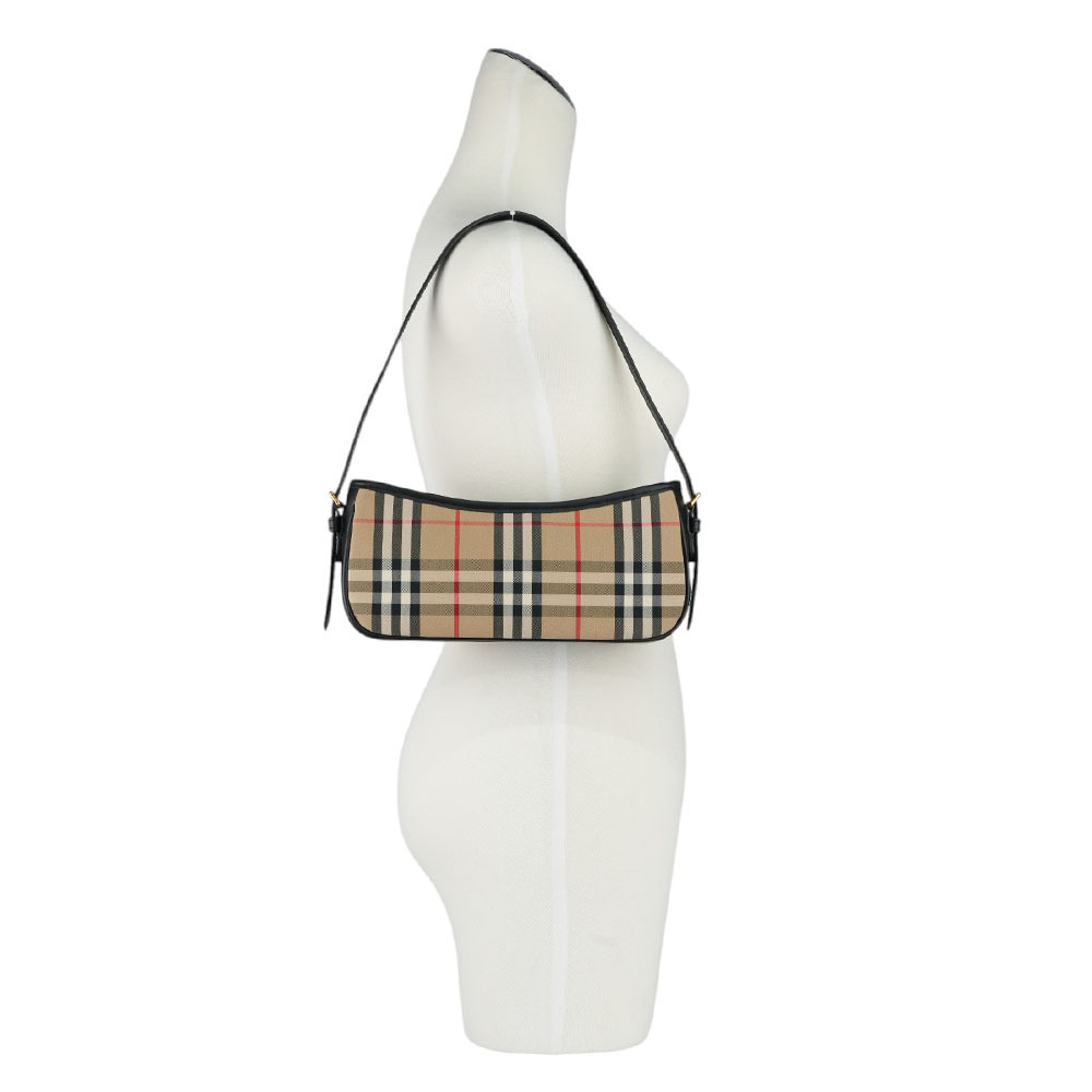 【BURBERRY】Sling 格紋帆布及小牛皮肩背包(米色/黑色) 8078837