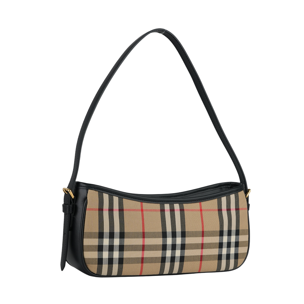 【BURBERRY】Sling 格紋帆布及小牛皮肩背包(米色/黑色) 8078837