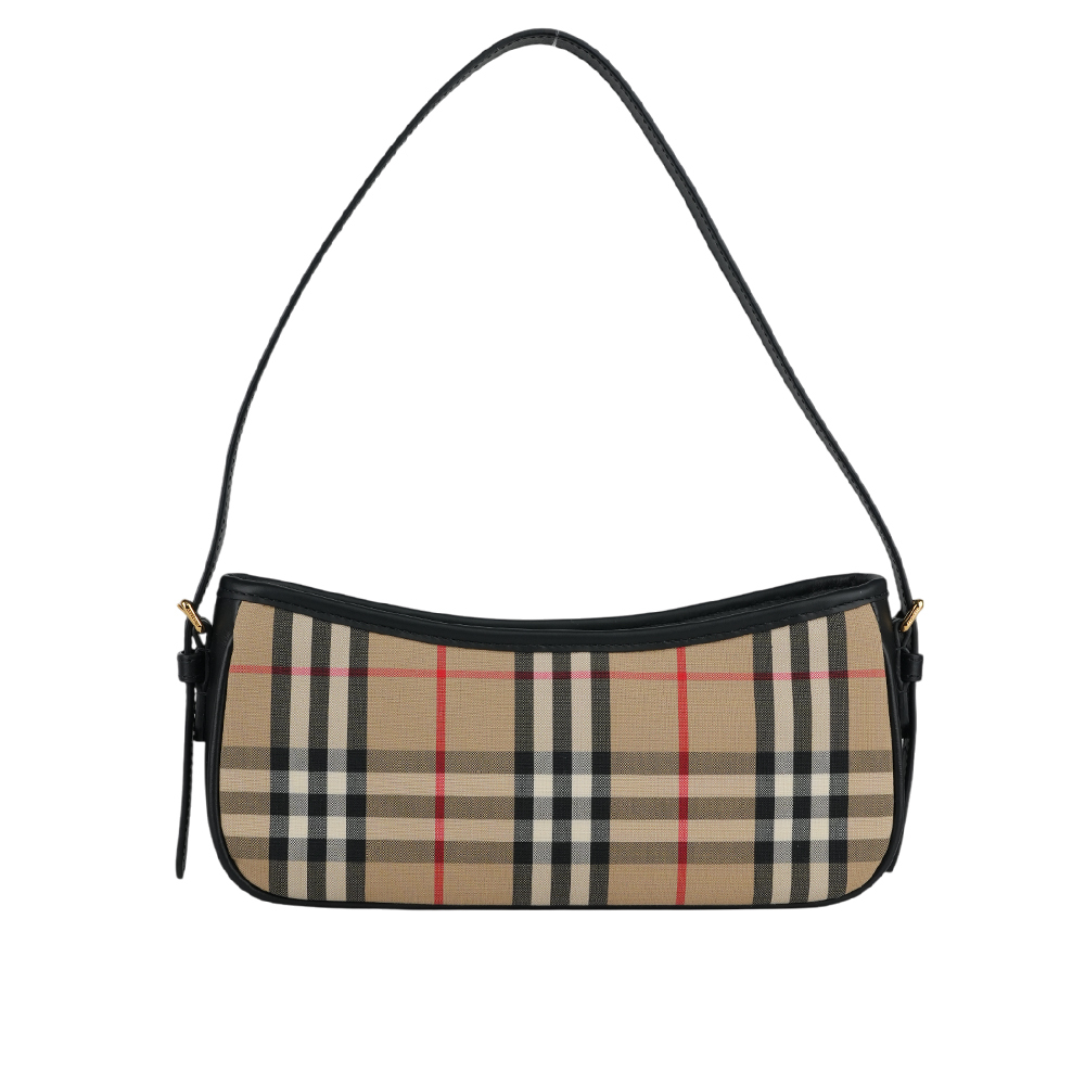 【BURBERRY】Sling 格紋帆布及小牛皮肩背包(米色/黑色) 8078837