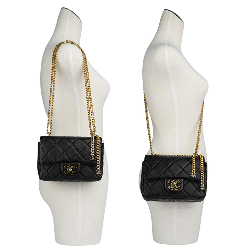 【CHANEL】琺瑯CC Logo 及吊飾小羊皮迷你翻蓋包(黑色)AS3113 B07634 94305