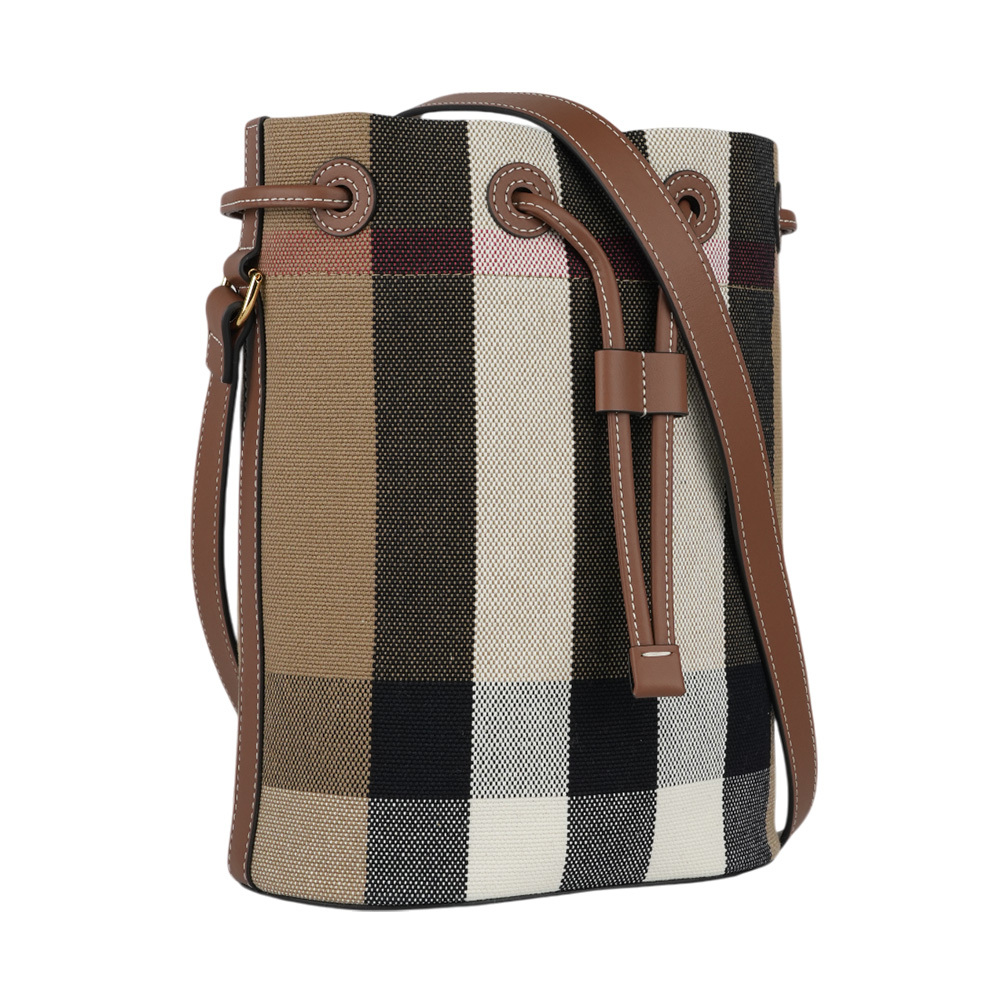 【Burberry】格紋棉質帆布及牛皮小款束口水桶包(灰褐色/棕色)