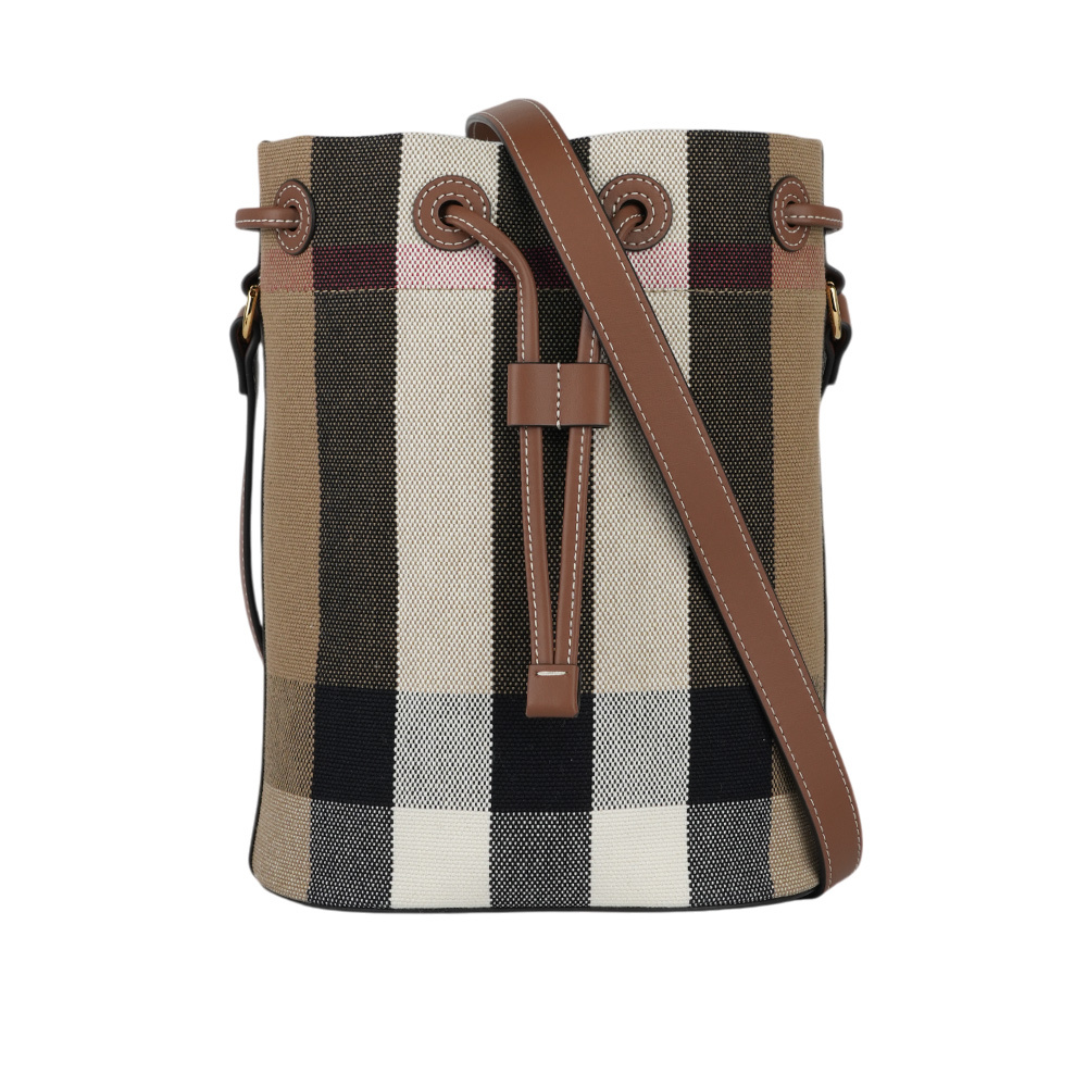 【Burberry】格紋棉質帆布及牛皮小款束口水桶包(灰褐色/棕色)